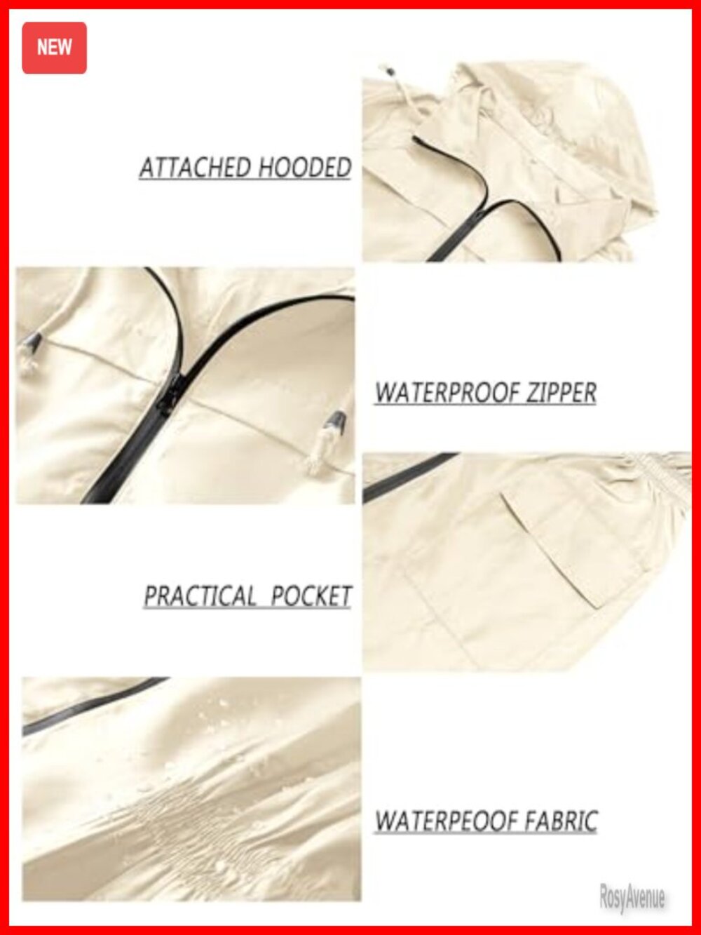 Waterproof Lightweight Rain Jacket Hooded Windbreaker Packable - Picture 5 of 6